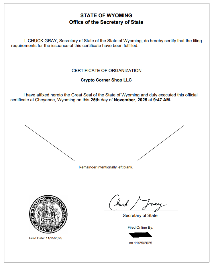 Certificate of Organization - Crypto Corner Shop LLC, State of Wyoming
