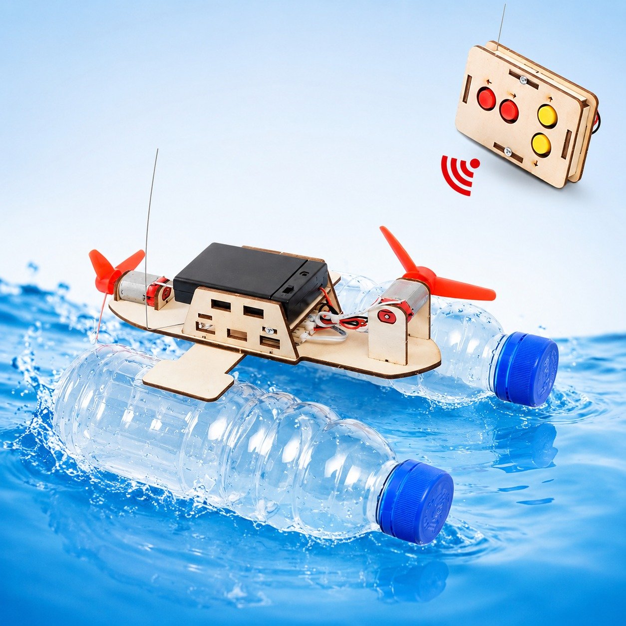 Image Alt Text: DIY remote control wind powered boat STEM science kit for kids