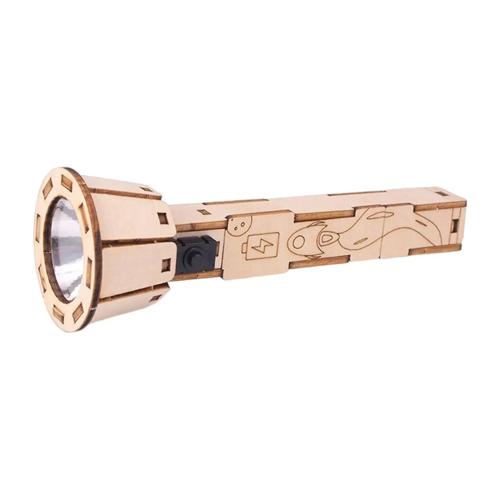 Father and son building a DIY wooden LED flashlight kit together at home