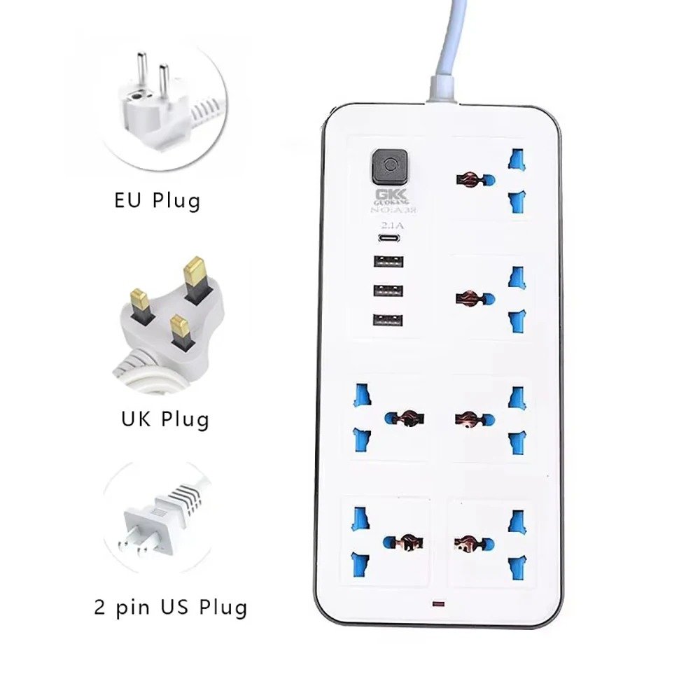 Power Multi Tap Universal Plug EU US UK with 2m Extension Cord + C USB Port
